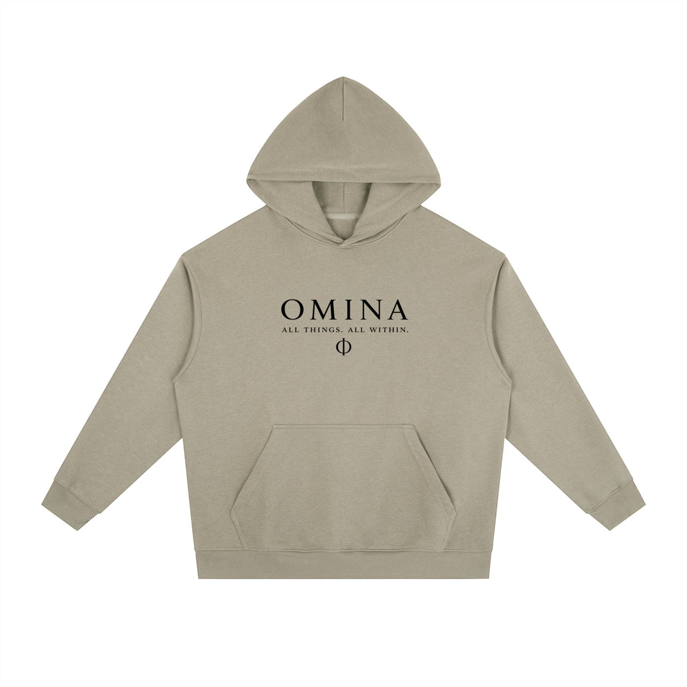 Omina Studio beige heavyweight fleece hoodie with drop shoulders and front pocket. Features black text logo.