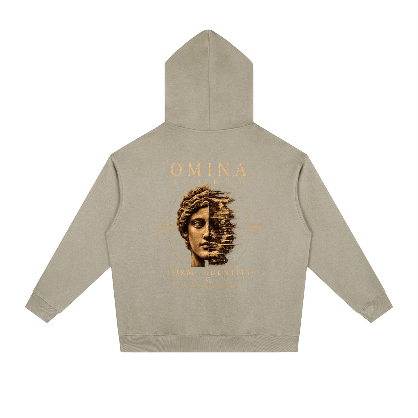 Omina Studio beige heavyweight fleece hoodie with a graphic print of a split face and text.