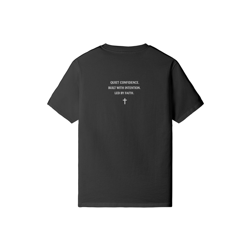 Omina Studio black 100% cotton crew neck t-shirt with 'Quiet Confidence, Built With Intention. Led By Faith.' text and a cross graphic.