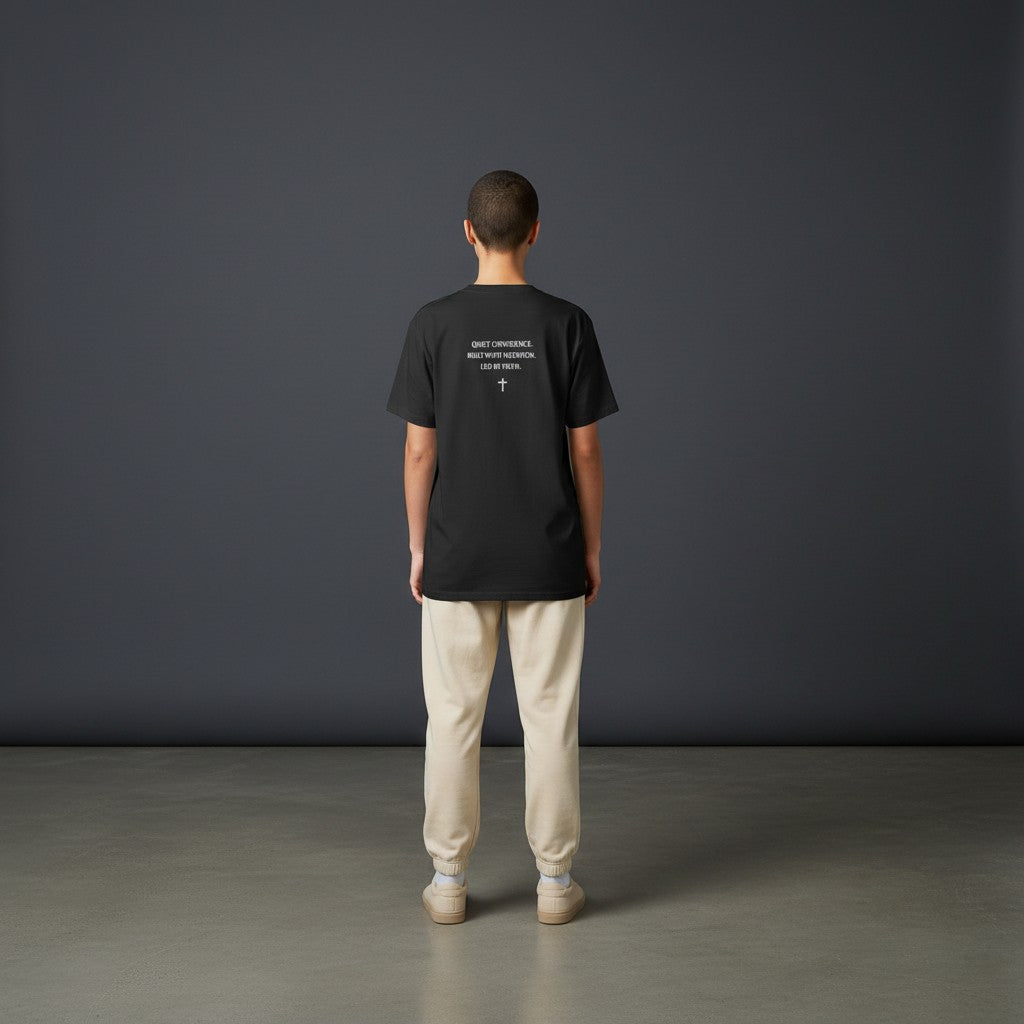 Omina Studio black 100% cotton crew neck t-shirt with 'Quiet Confidence, Built With Intention. Led By Faith.' text and a cross graphic.