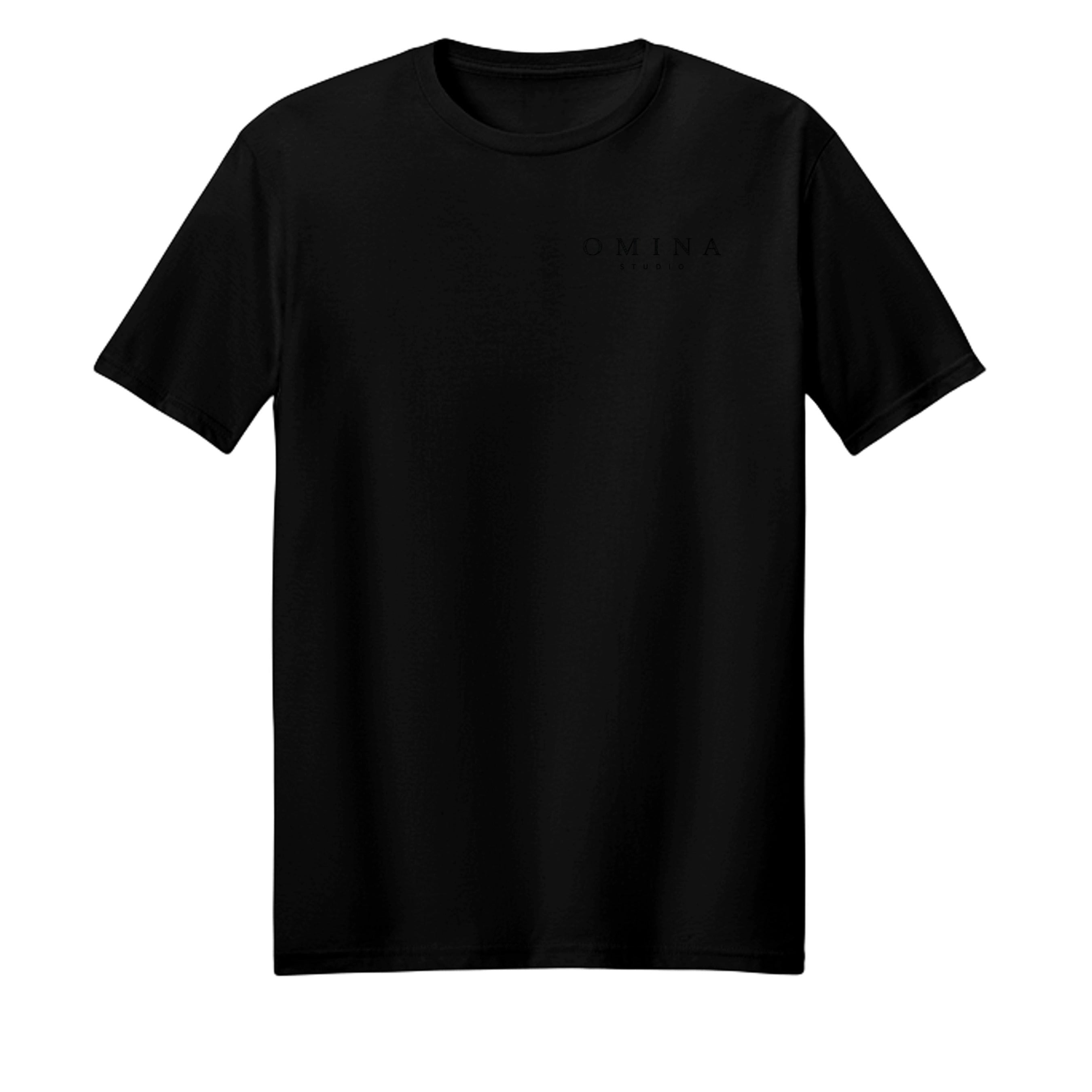 OMINA Studio black heavyweight cotton t-shirt with subtle graphic logo on chest. Relaxed fit.