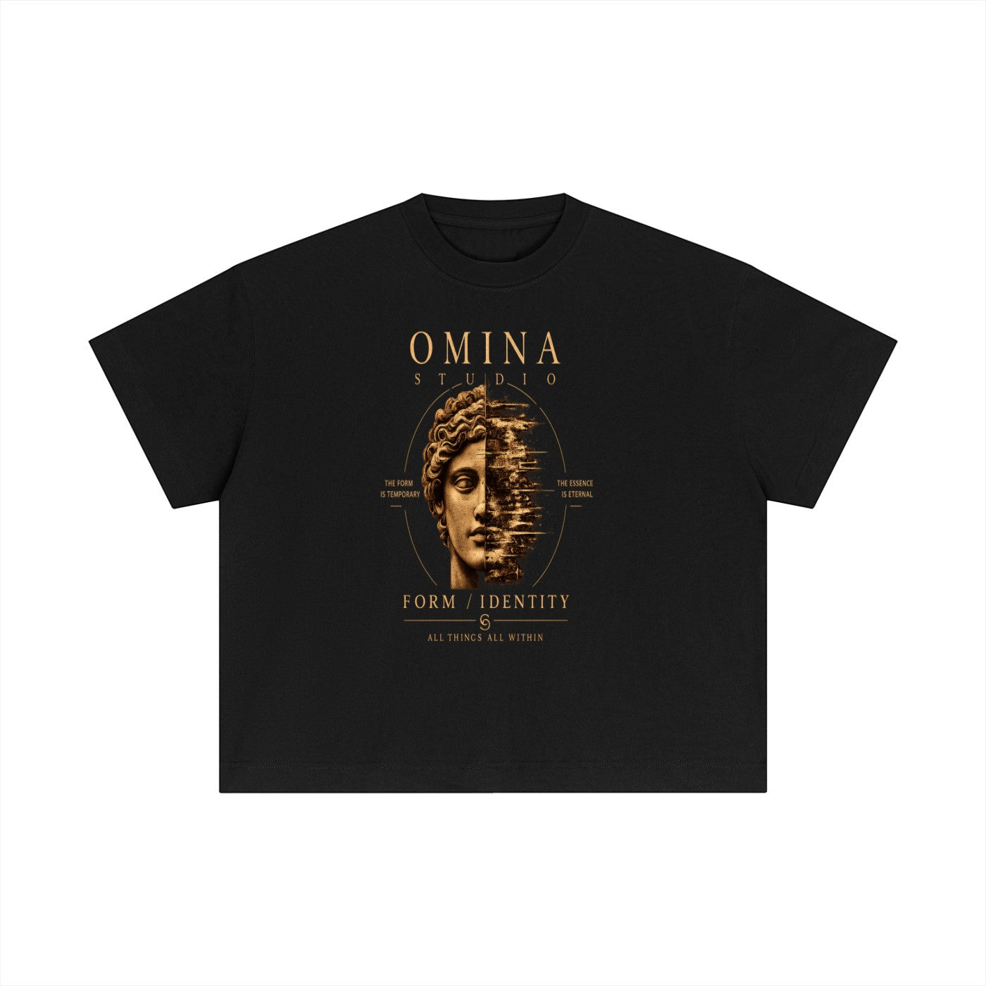 Omina Studio black cotton boxy t-shirt with a faded statue face graphic and text "FORM / IDENTITY".