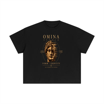 Omina Studio black cotton boxy t-shirt with a faded statue face graphic and text "FORM / IDENTITY".