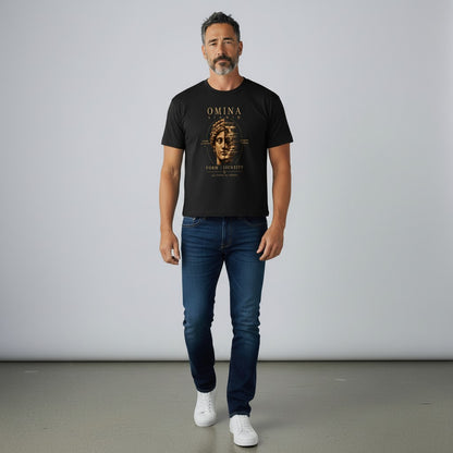 Omina Studio black cotton boxy t-shirt with a faded statue face graphic and text "FORM / IDENTITY".