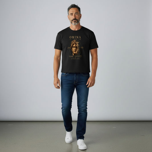 Omina Studio black cotton boxy t-shirt with a faded statue face graphic and text "FORM / IDENTITY".