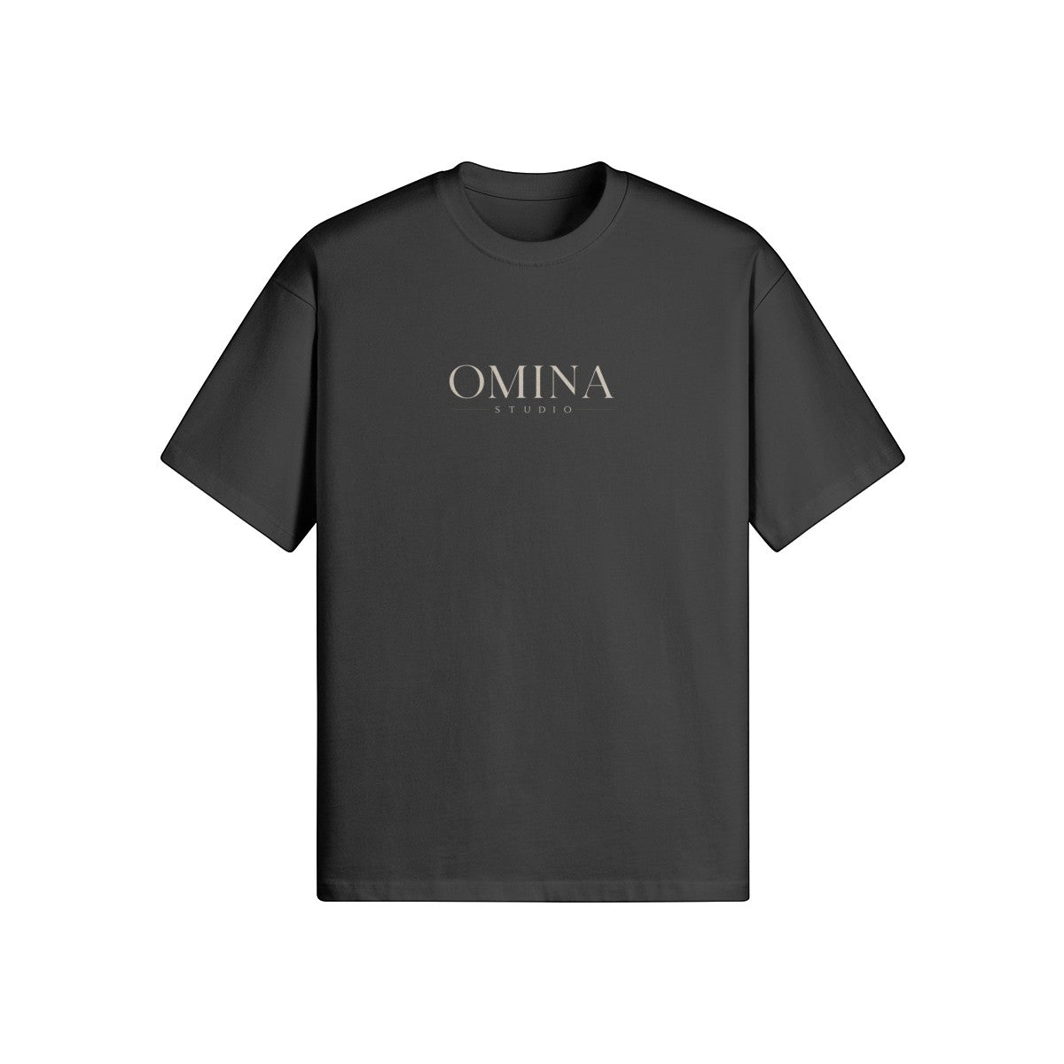 Omina Studio black heavyweight cotton t-shirt with minimalist chest logo and oversized back print.