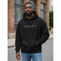 Omina Studio black oversized fleece hoodie with white logo and front pocket. Made from a cotton blend.