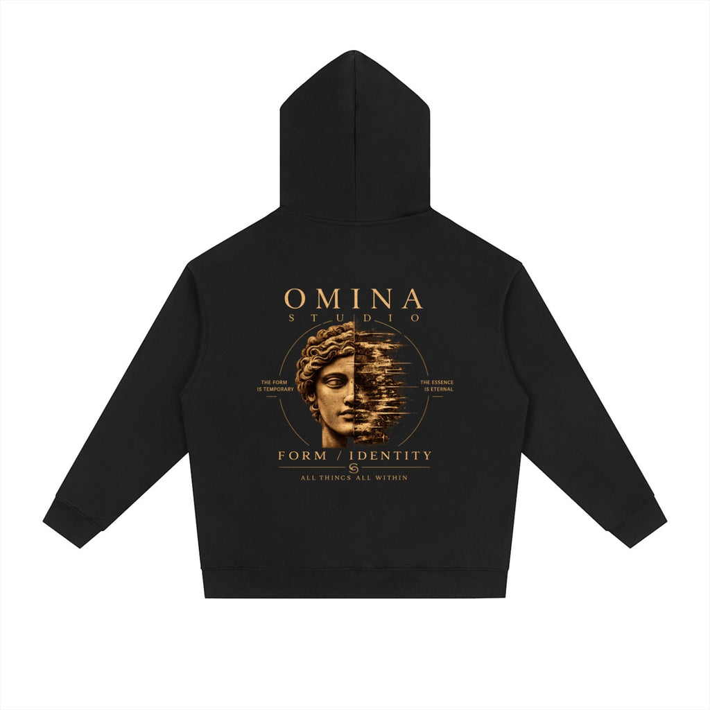 Omina Studio black heavyweight fleece hoodie with a drop-shoulder silhouette and graphic print of a classical bust.