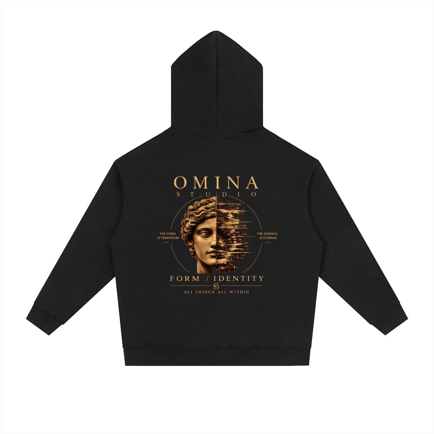 Omina Studio black heavyweight fleece hoodie with a drop-shoulder silhouette and graphic print of a classical bust.