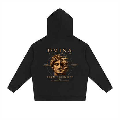 Omina Studio black heavyweight fleece hoodie with a drop-shoulder silhouette and graphic print of a classical bust.