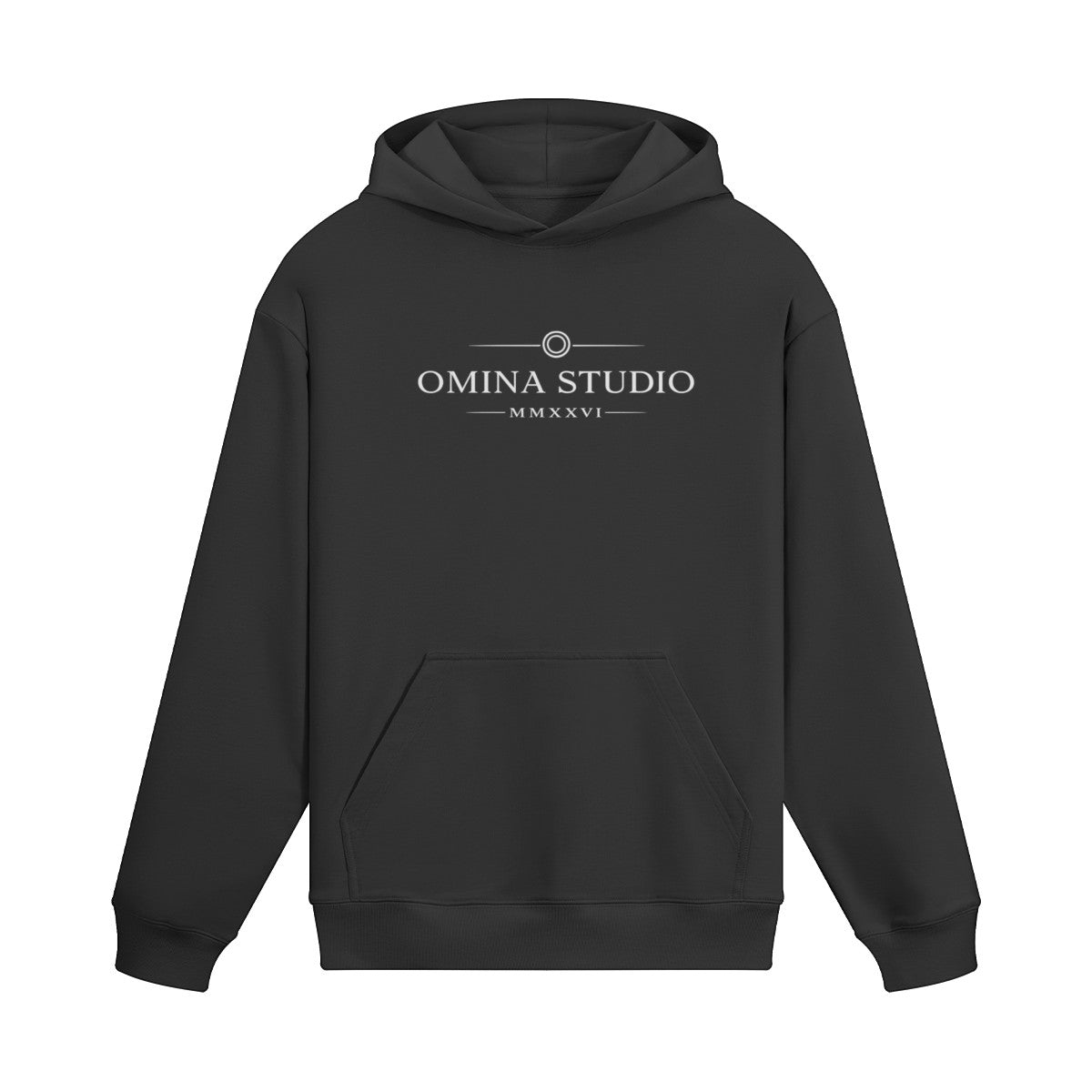 Omina Studio black heavyweight hoodie with raw edge detailing and vintage wash finish, featuring a front pocket and Omina Studio logo.
