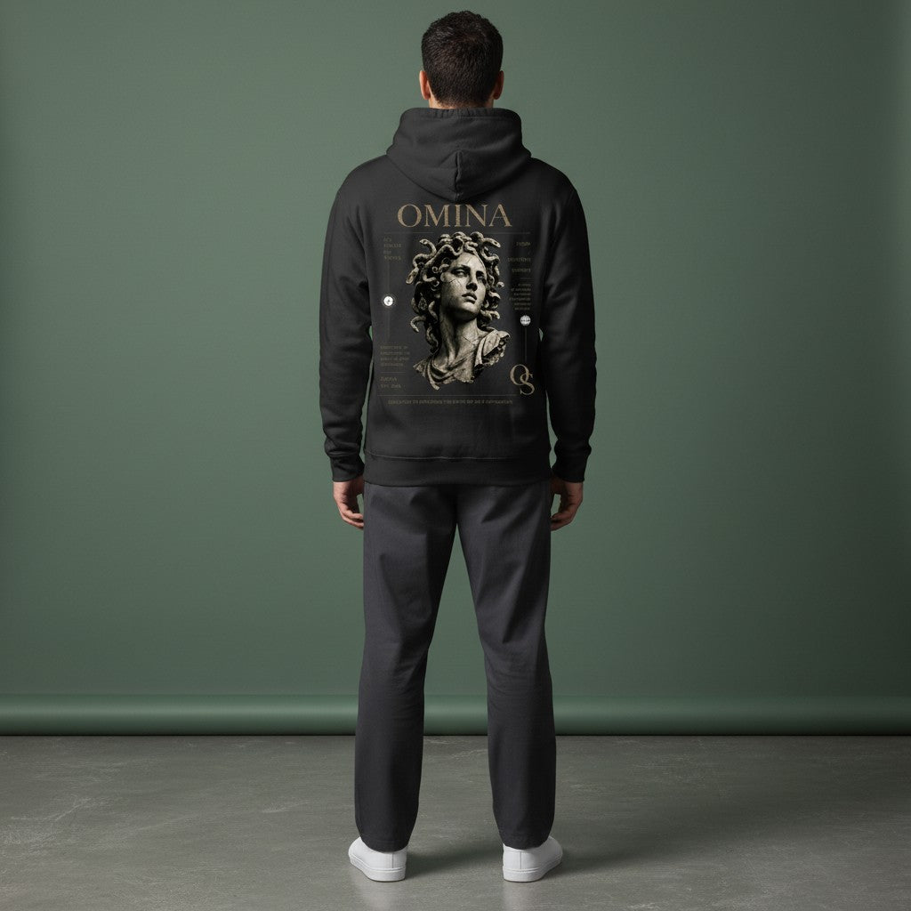 Omina Studio black cotton-blend hoodie with a large distressed Medusa graphic and "OMINA" text on the back.