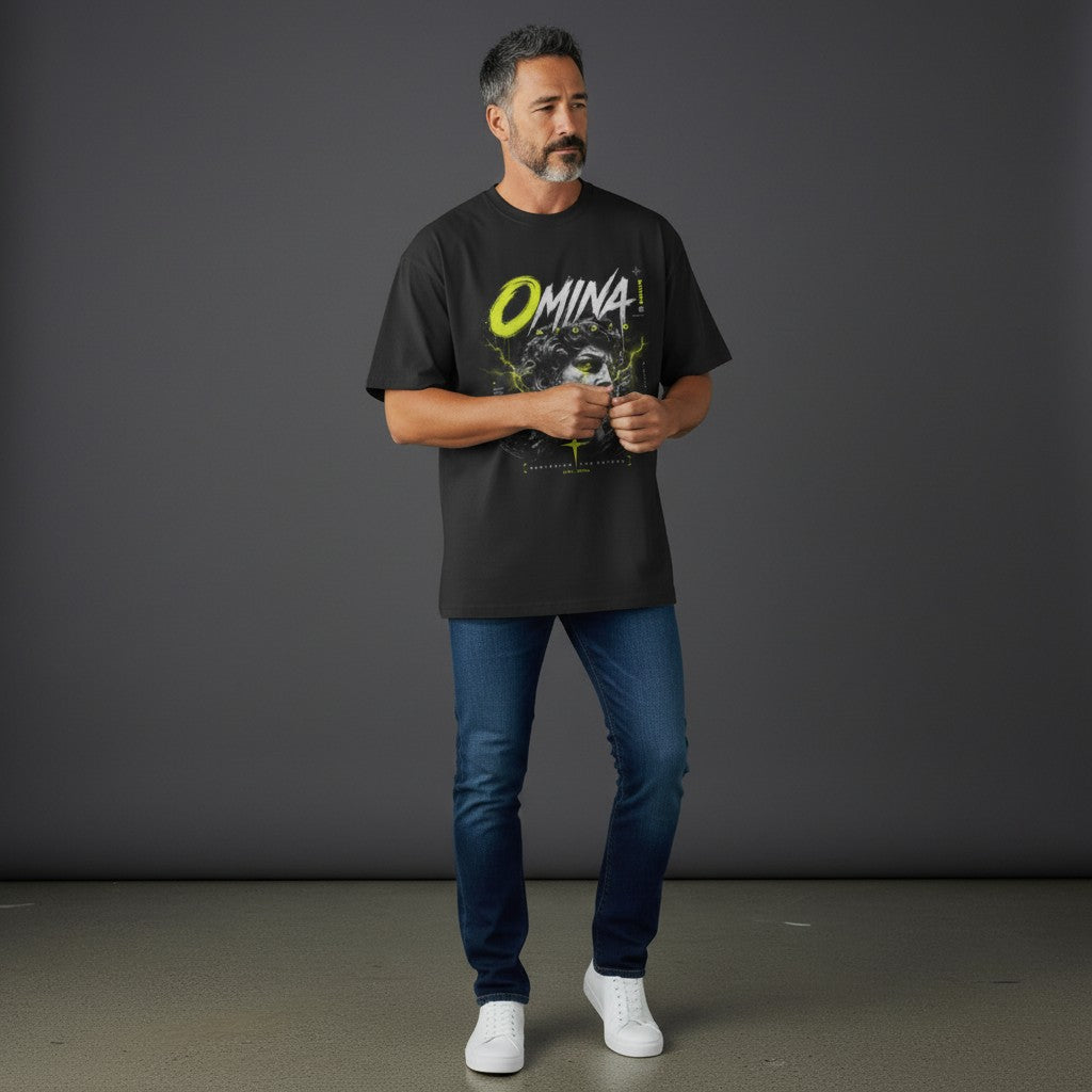 OMINA Studio black oversized t-shirt with graphic print and tonal gradient, made from 100% combed cotton.
