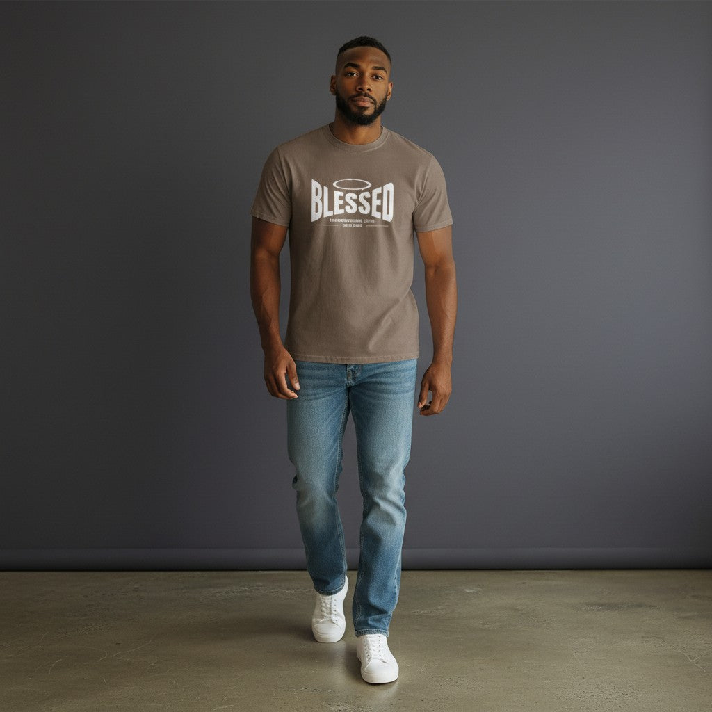 Omina Studio unisex taupe 100% cotton t-shirt with 'Blessed' graphic and halo detail. Short sleeve, crew neck, loose fit.