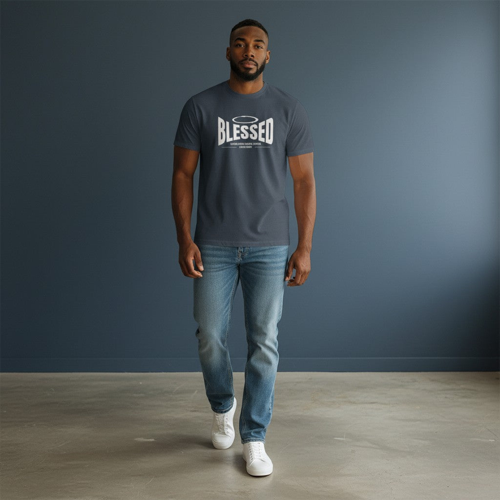 Omina Studio unisex dark grey 100% cotton t-shirt with 'Blessed' graphic print and halo detail.