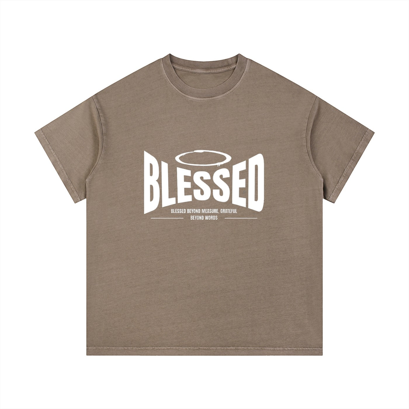 Omina Studio taupe vintage wash 100% cotton t-shirt with white 'Blessed' graphic print and short sleeves.