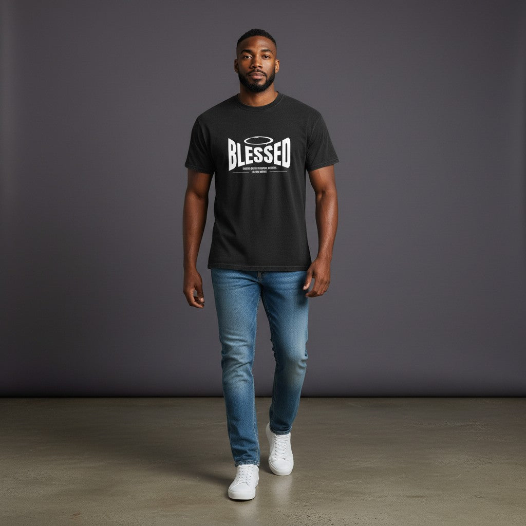 Omina Studio black 100% cotton t-shirt with 'Blessed' graphic print and halo detail. Unisex, loose fit.