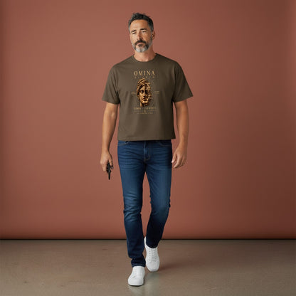 Omina Studio brown cotton boxy t-shirt with a faded statue face graphic and text "FORM / IDENTITY".