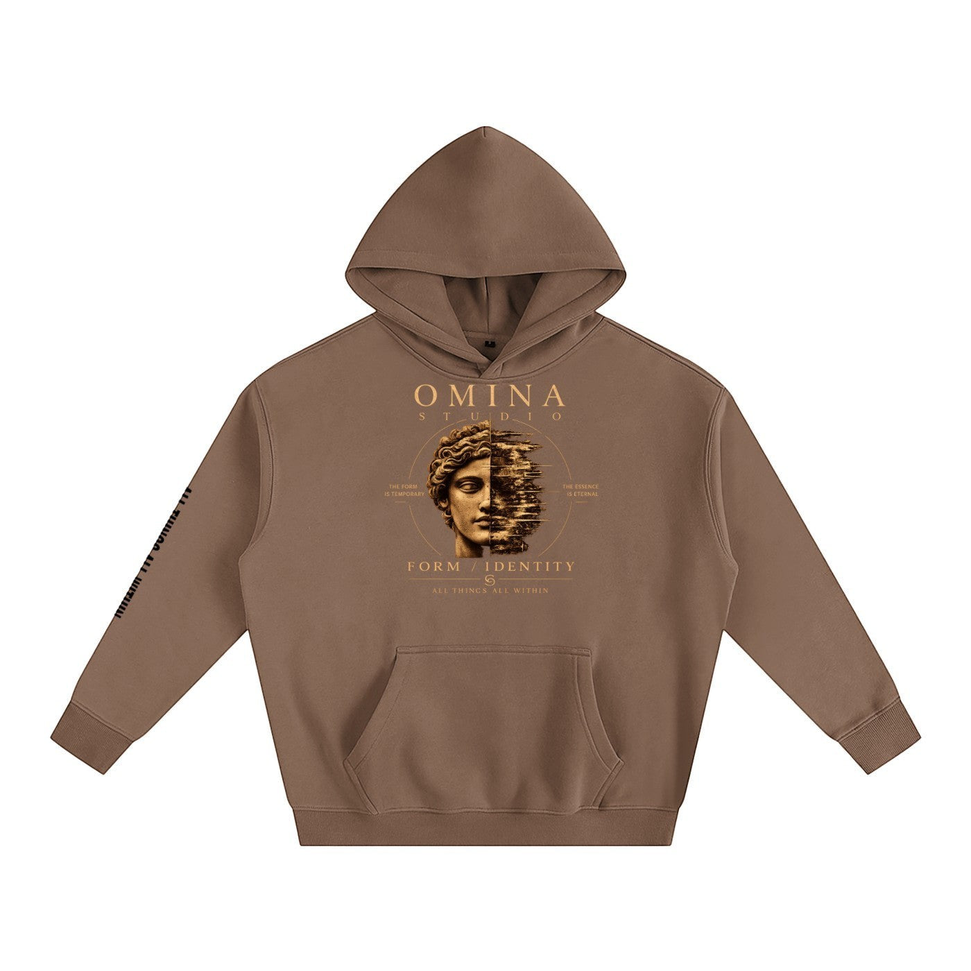 Omina Studio brown oversized fleeced hoodie with a graphic print of a split face and text.
