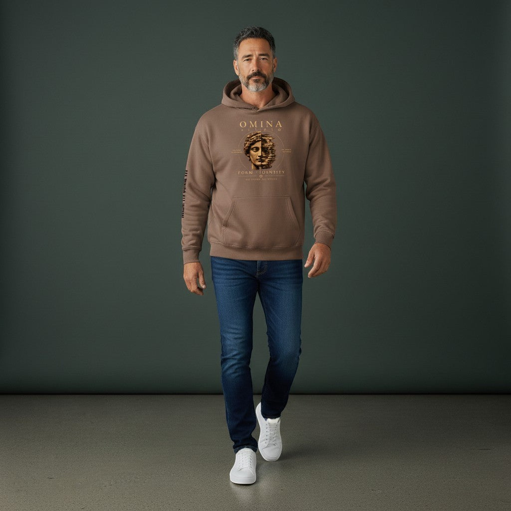 Omina Studio brown oversized fleeced hoodie with a graphic print of a split face and text.
