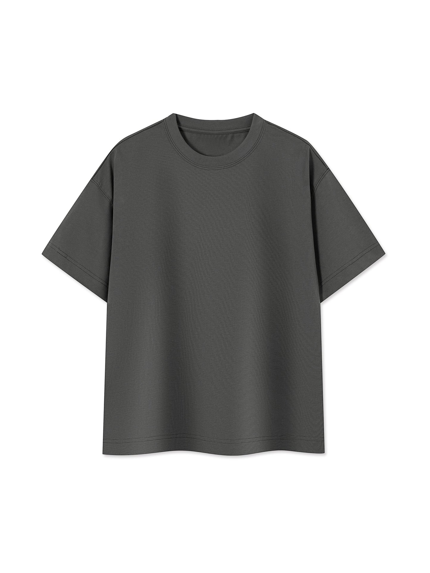 Omina Studio charcoal grey essential cotton boxy fit t-shirt with a structured drape and minimal branding.