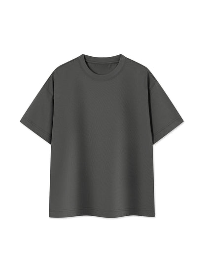 Omina Studio charcoal grey essential cotton boxy fit t-shirt with a structured drape and minimal branding.