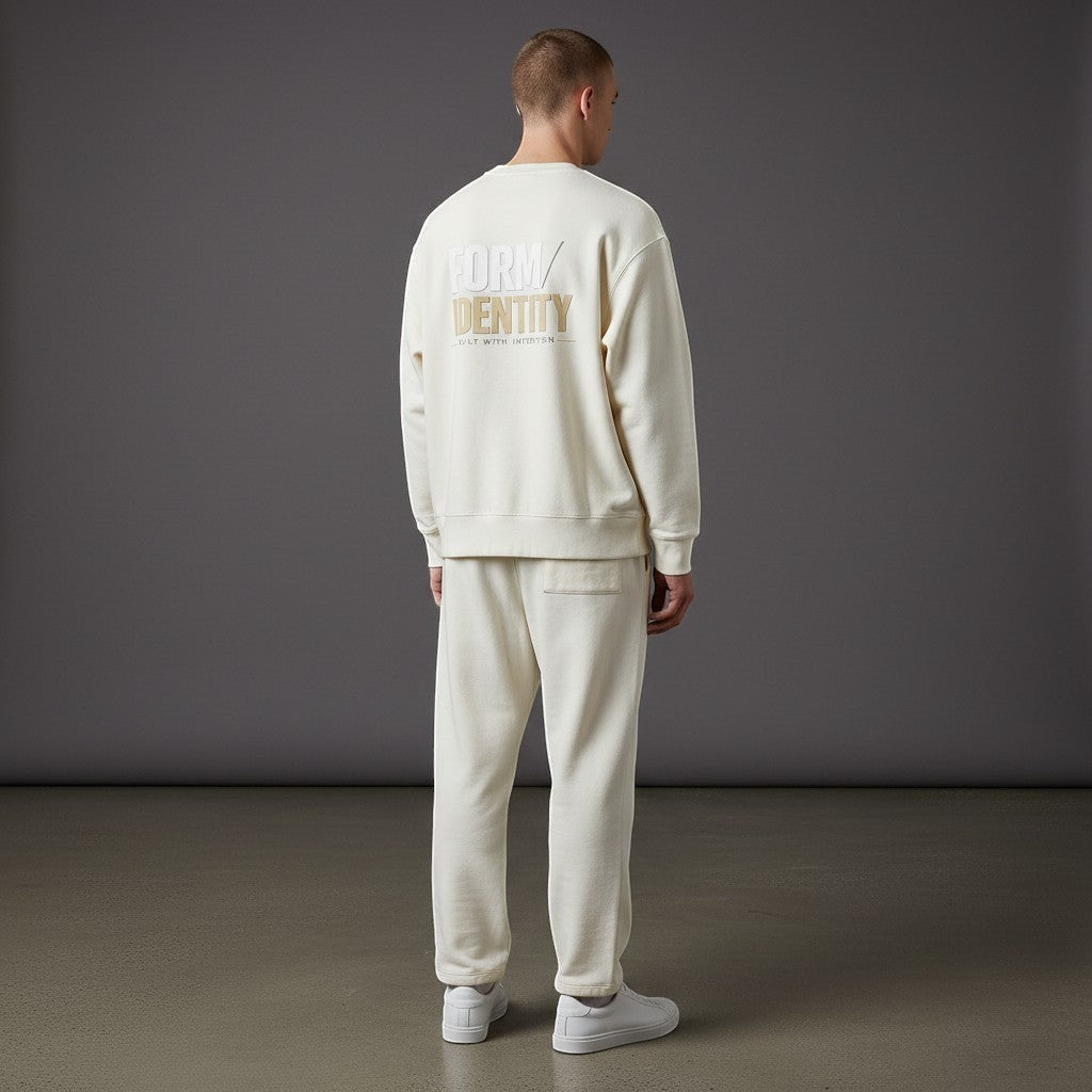 OMINA Studio heavyweight cotton sweatshirt in cream with oversized fit and graphic print on back.