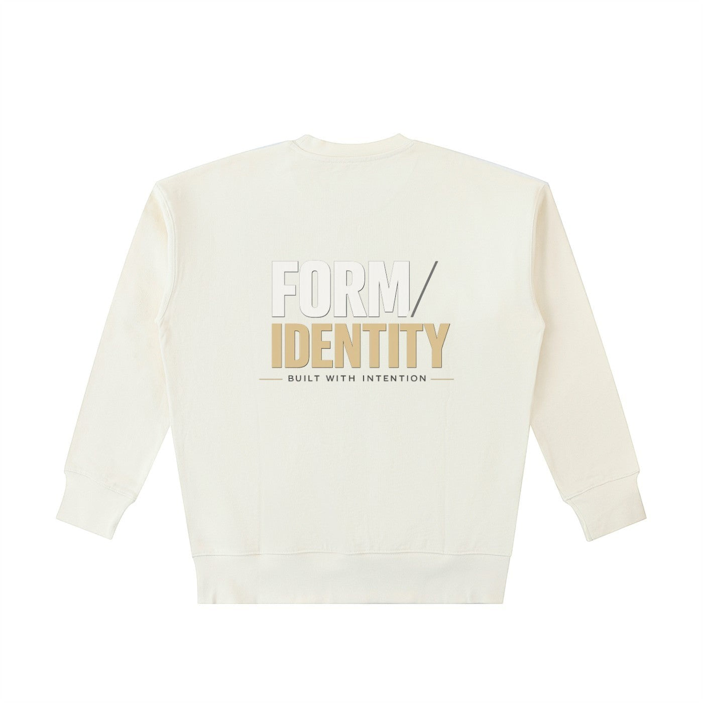 OMINA Studio cream heavyweight cotton sweatshirt with "FORM/IDENTITY BUILT WITH INTENTION" graphic on back.