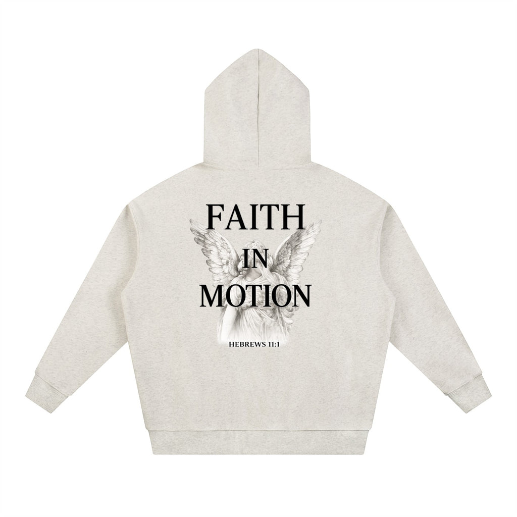 Omina Studio light heather grey heavyweight hoodie with "FAITH IN MOTION" text and angel graphic on back.