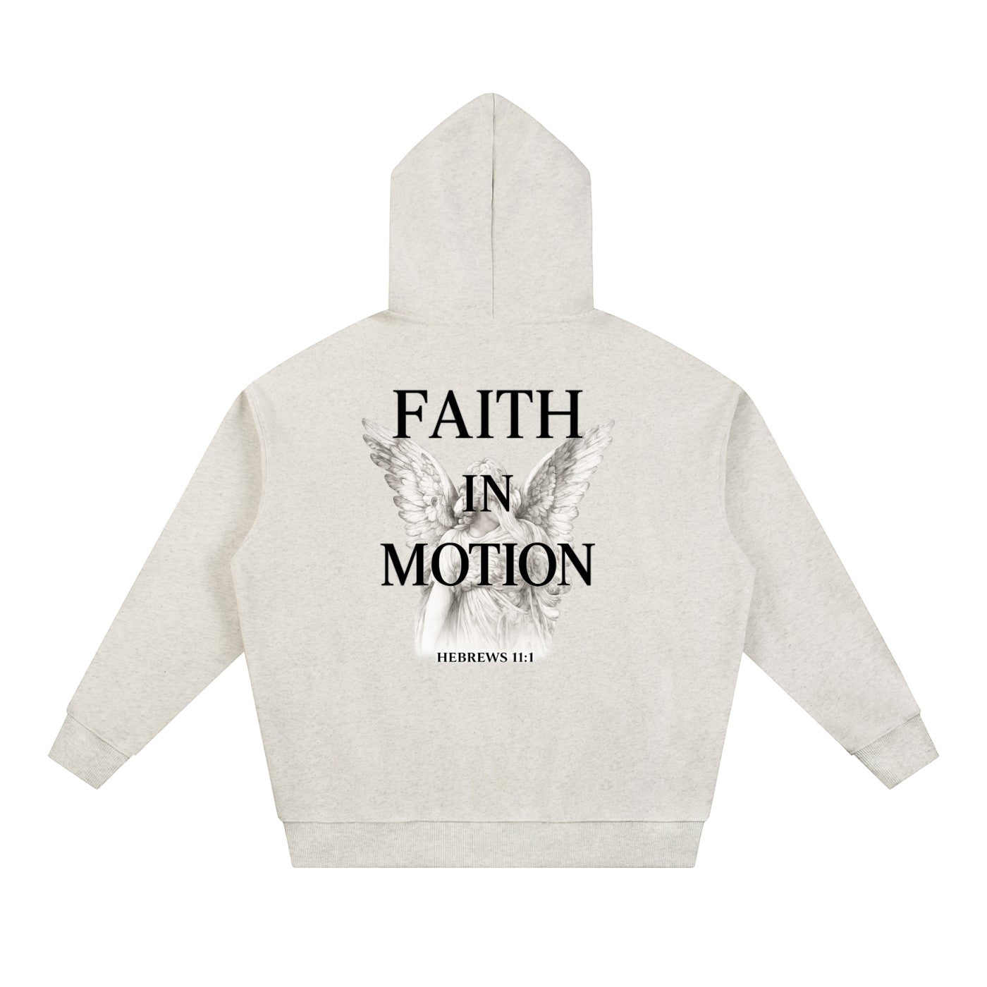 Omina Studio light heather grey heavyweight hoodie with "FAITH IN MOTION" text and angel graphic on back.