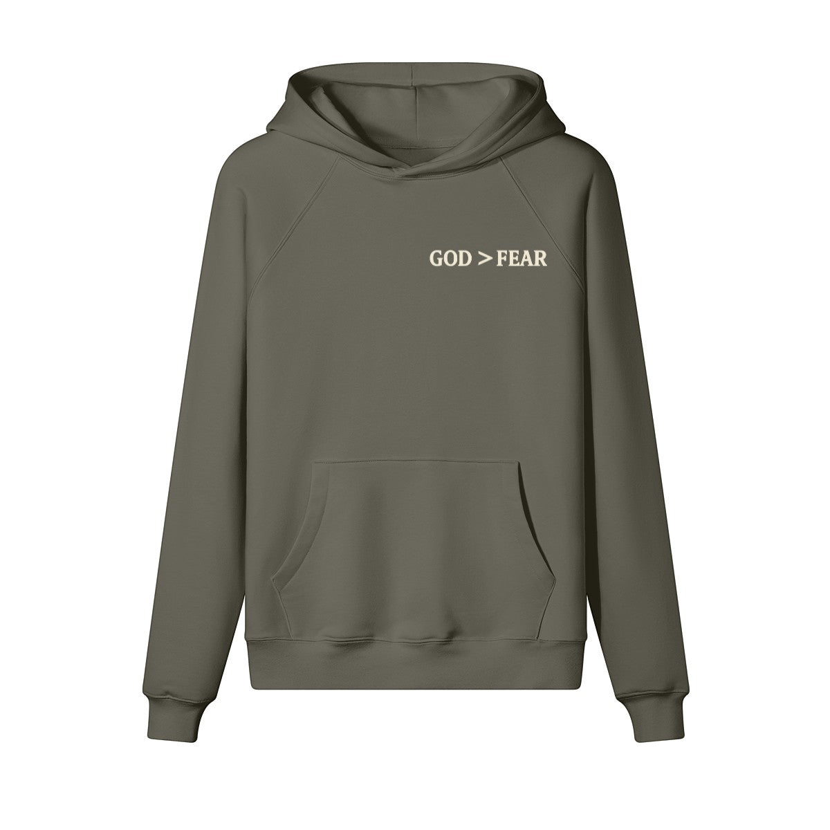 Omina Studio olive green heavyweight cotton pullover hoodie with "GOD > FEAR" graphic and kangaroo pocket.
