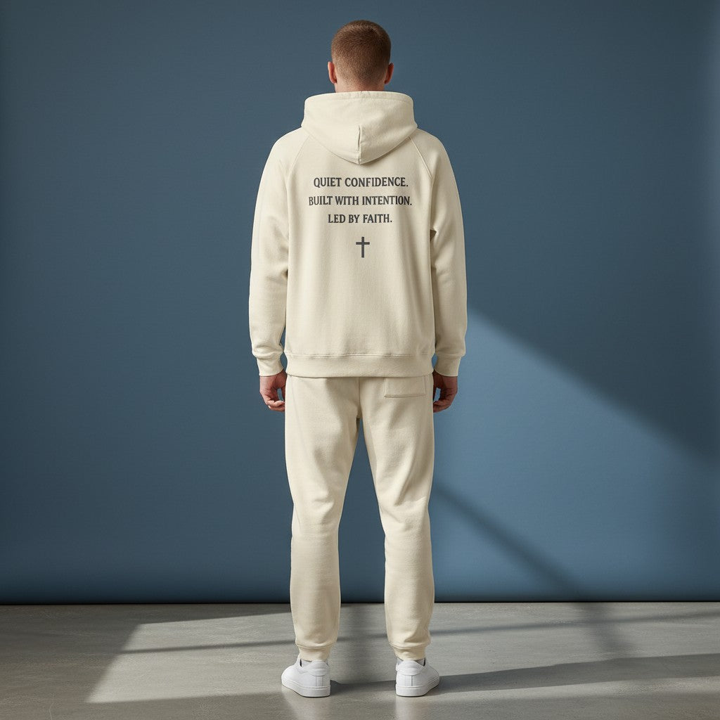 Omina Studio cream heavyweight cotton pullover hoodie with "Quiet Confidence. Built with Intention. Led by Faith." text and a cross graphic.