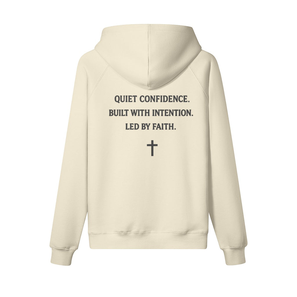 Omina Studio cream heavyweight cotton pullover hoodie with "Quiet Confidence. Built with Intention. Led by Faith." text and a cross graphic.