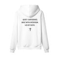 Omina Studio white pullover hoodie with "Quiet Confidence. Built With Intention. Led By Faith." text and a cross graphic.