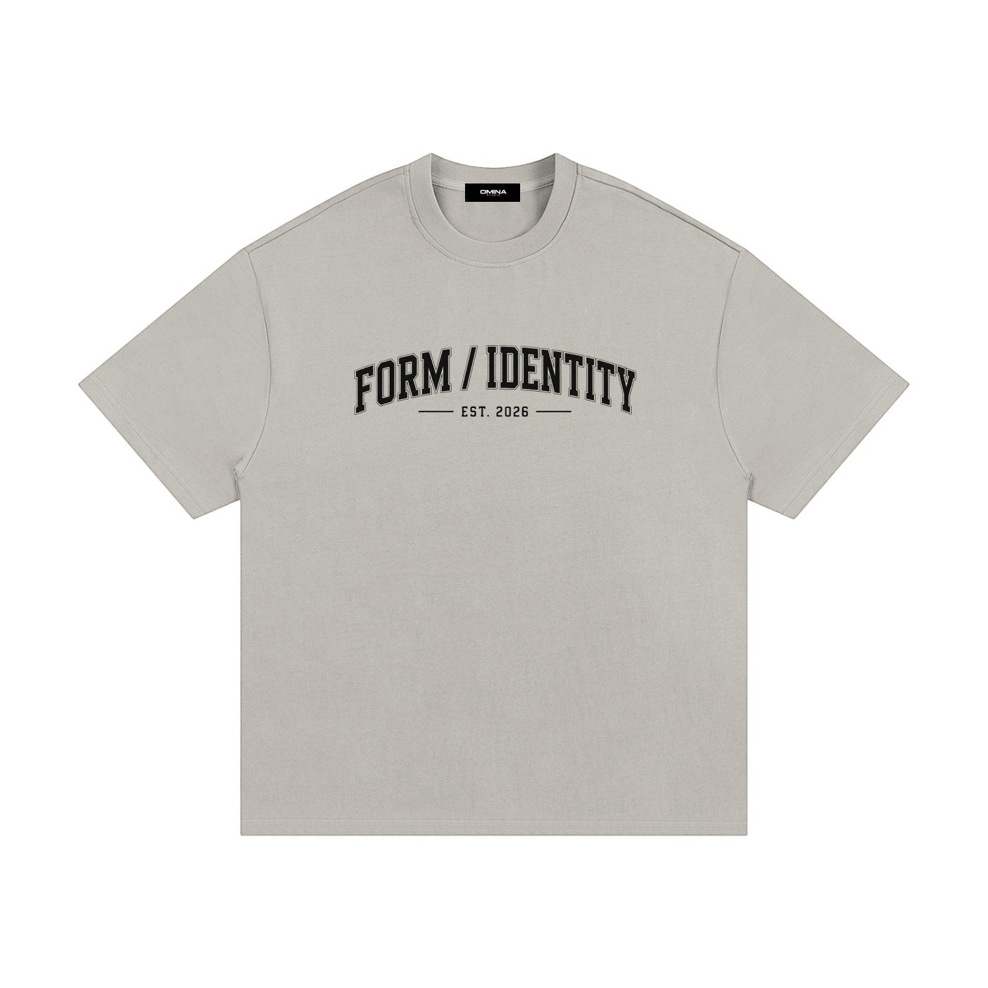 OMINA Studio Form / Identity heavyweight cotton t-shirt in light grey with a relaxed fit and collegiate-style graphic.