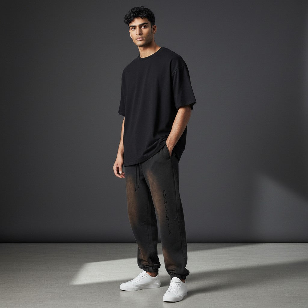 Omina Studio charcoal grey relaxed fit sweatpants with faded brown accents and vertical FORM/IDENTITY branding.