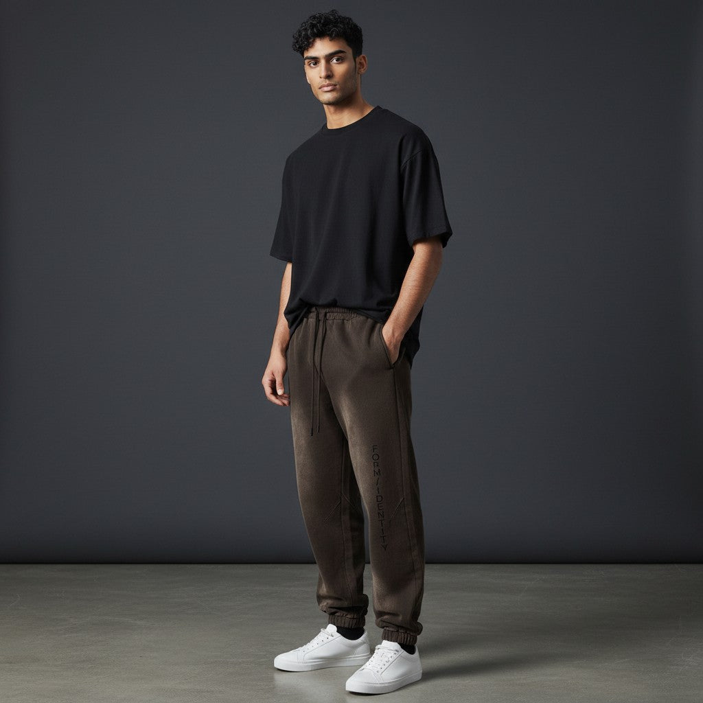 Omina Studio dark brown relaxed fit sweatpants with subtle FORM / IDENTITY branding down the left leg.