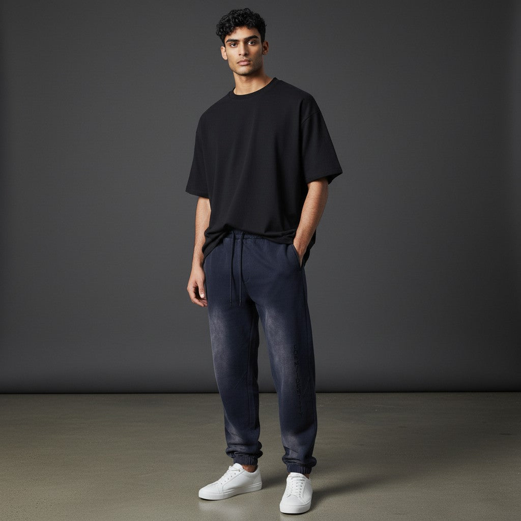 Omina Studio dark wash denim sweatpants with vertical FORM/IDENTITY branding on the left leg and elasticated cuffs.