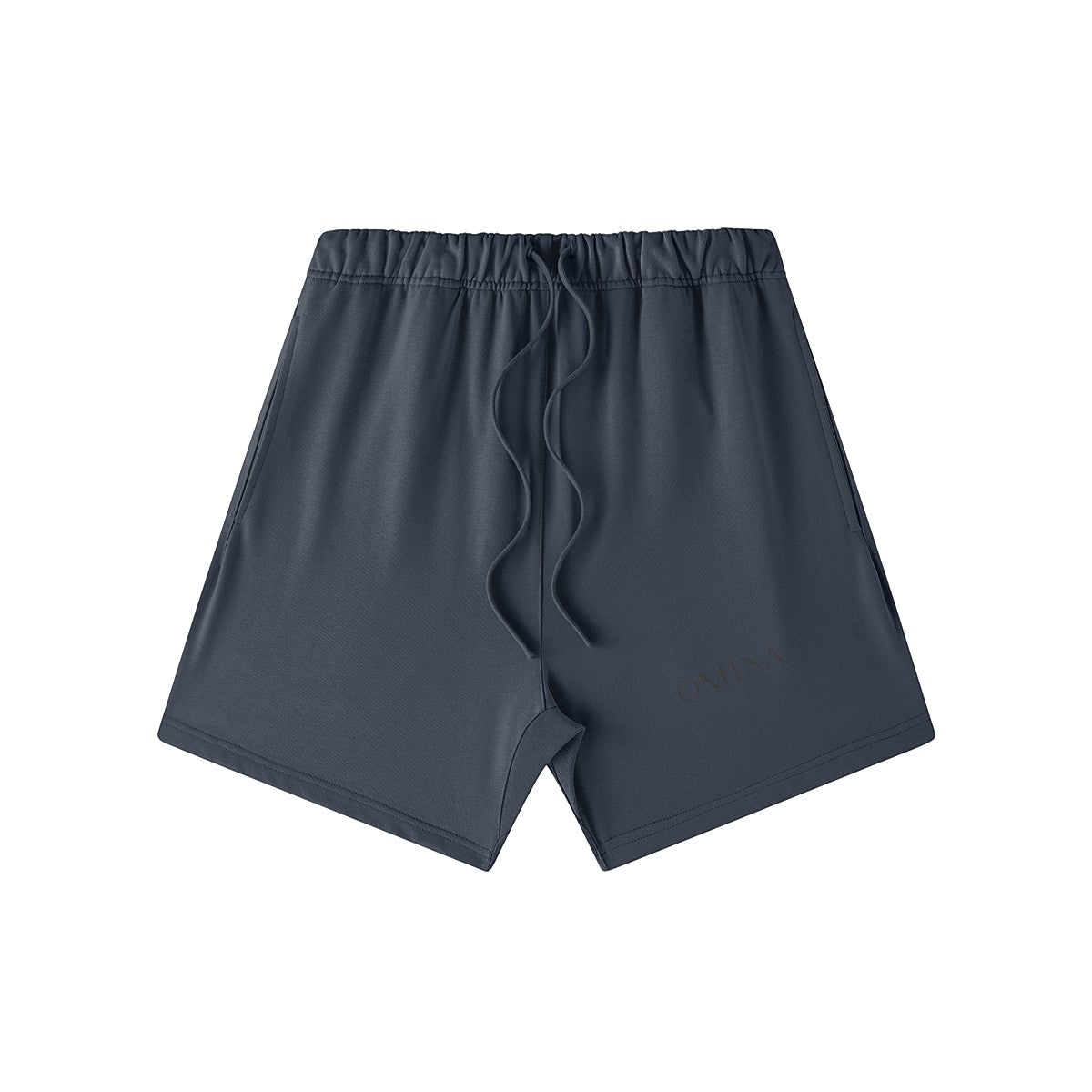 Omina Studio charcoal grey heavyweight French terry shorts with drawstring waist and subtle logo detail.
