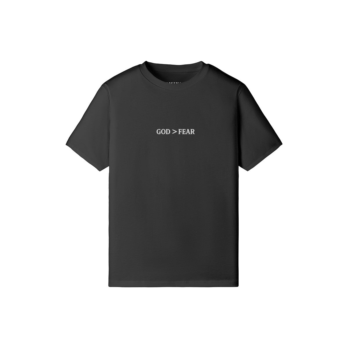Omina Studio black 100% cotton crew neck t-shirt with "GOD > FEAR" graphic. Slim fit, cropped silhouette.