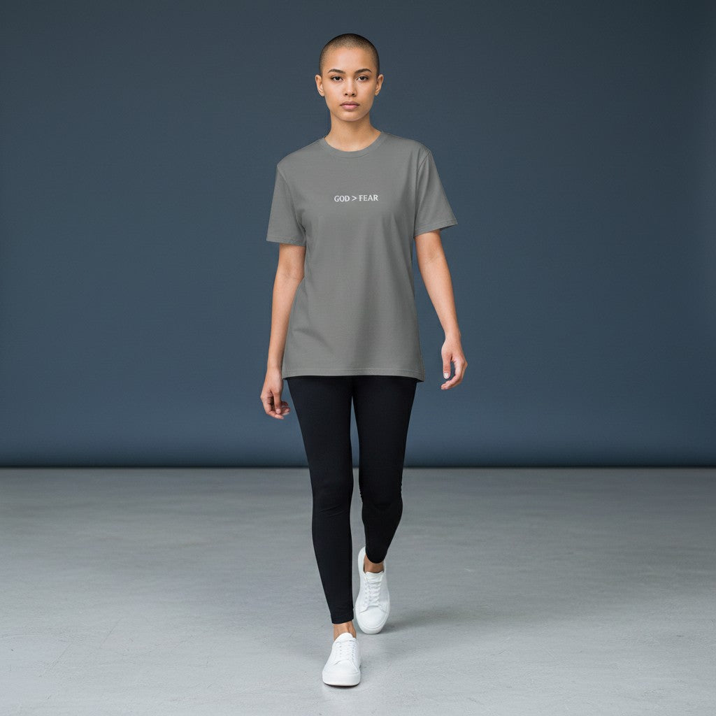 Omina Studio grey 100% cotton crew neck t-shirt with "GOD > FEAR" graphic. Slim fit, cropped silhouette.