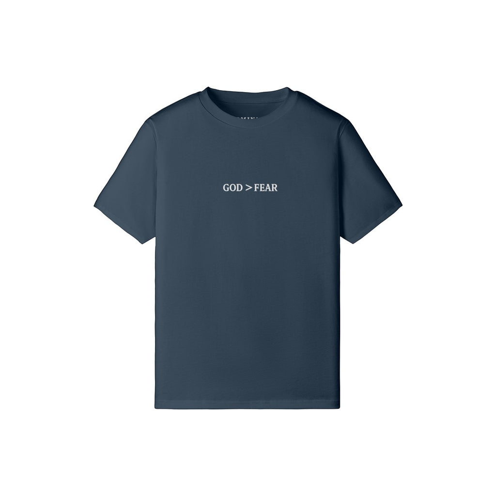 Omina Studio navy blue 100% cotton crew neck t-shirt with "GOD > FEAR" graphic. Slim fit, cropped silhouette.