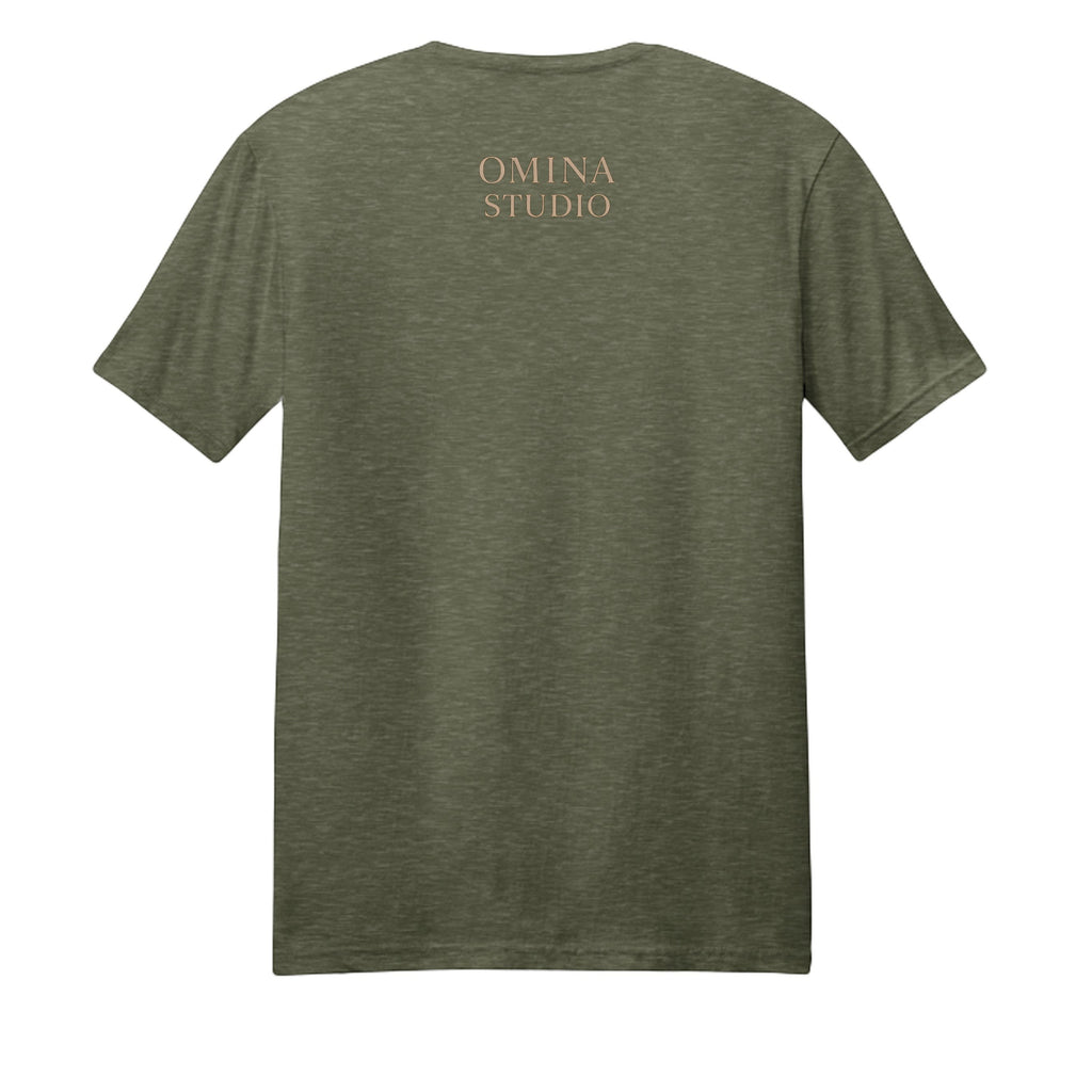 Omina Studio olive green cotton t-shirt with a subtle graphic print on the back. Short sleeves, crew neck.