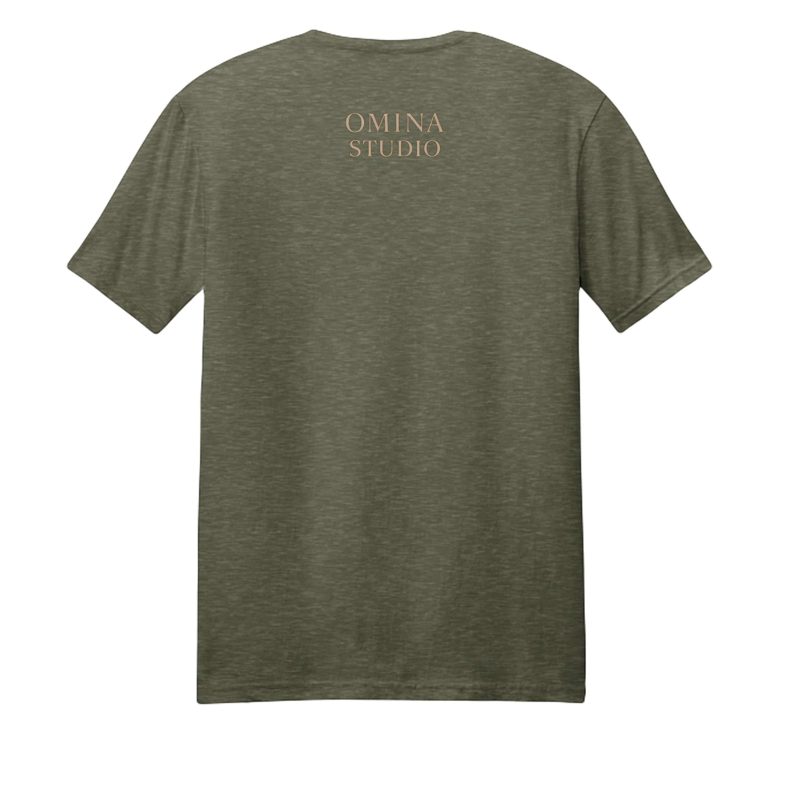 Omina Studio olive green cotton t-shirt with a subtle graphic print on the back. Short sleeves, crew neck.