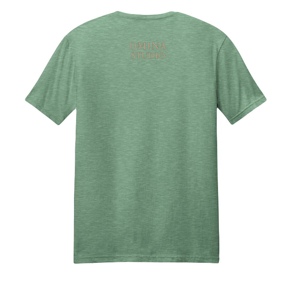 Omina Studio green heather cotton t-shirt with a subtle graphic print on the back.