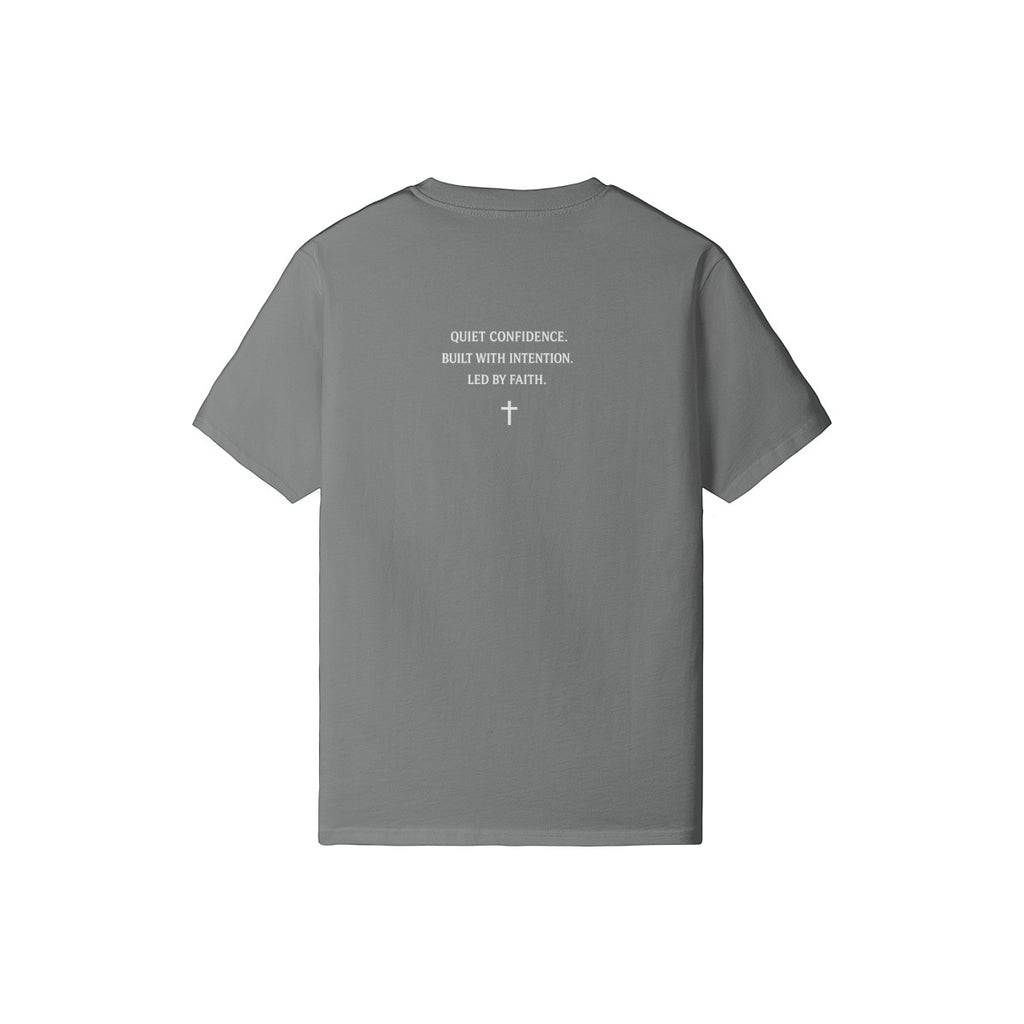 Omina Studio grey 100% cotton crew neck t-shirt with "God > Fear" text and a cross graphic on the back.