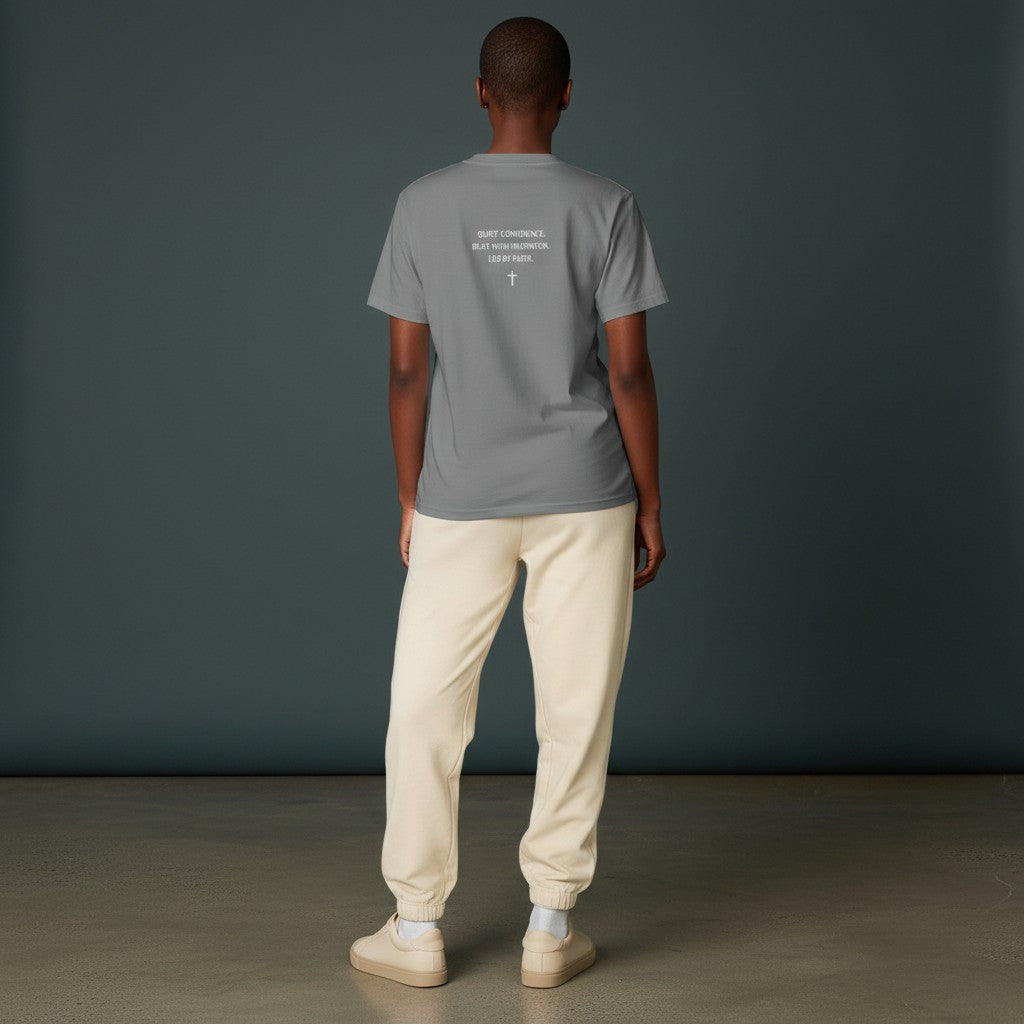 Omina Studio grey 100% cotton crew neck t-shirt with "God > Fear" graphic and cross symbol on back.