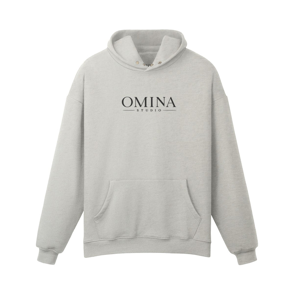 Omina Studio light grey heavyweight cotton hoodie with snap button high collar and kangaroo pocket.
