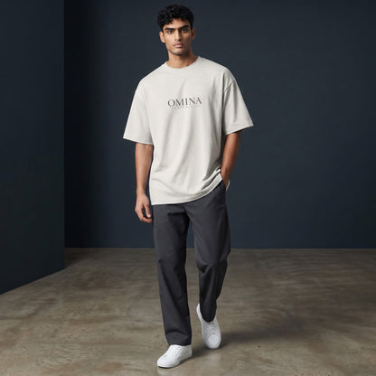 Omina Studio oversized fit crew neck t-shirt in light grey, made from 100% double yarn cotton.