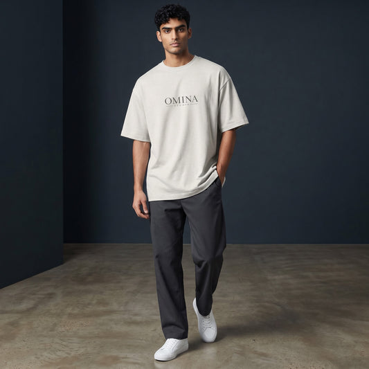 Omina Studio oversized fit crew neck t-shirt in light grey, made from 100% double yarn cotton.